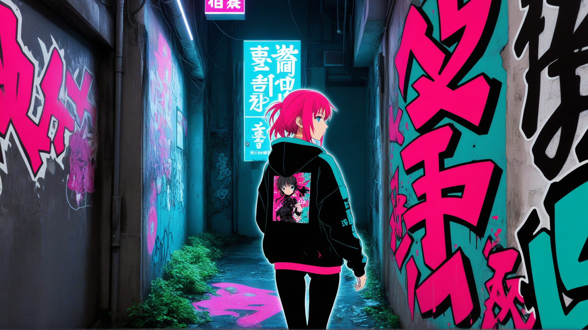 AI generated wallpaper featuring girl, alley, graffiti