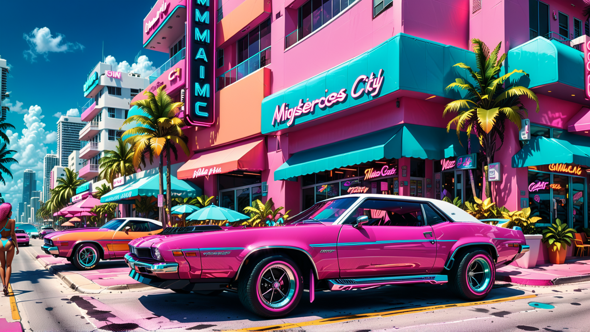 AI generated wallpaper featuring car, buildings, palm tree