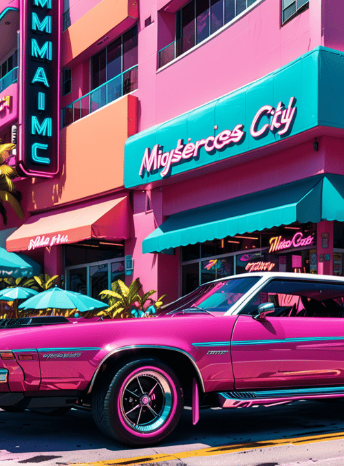 car, buildings, palm tree