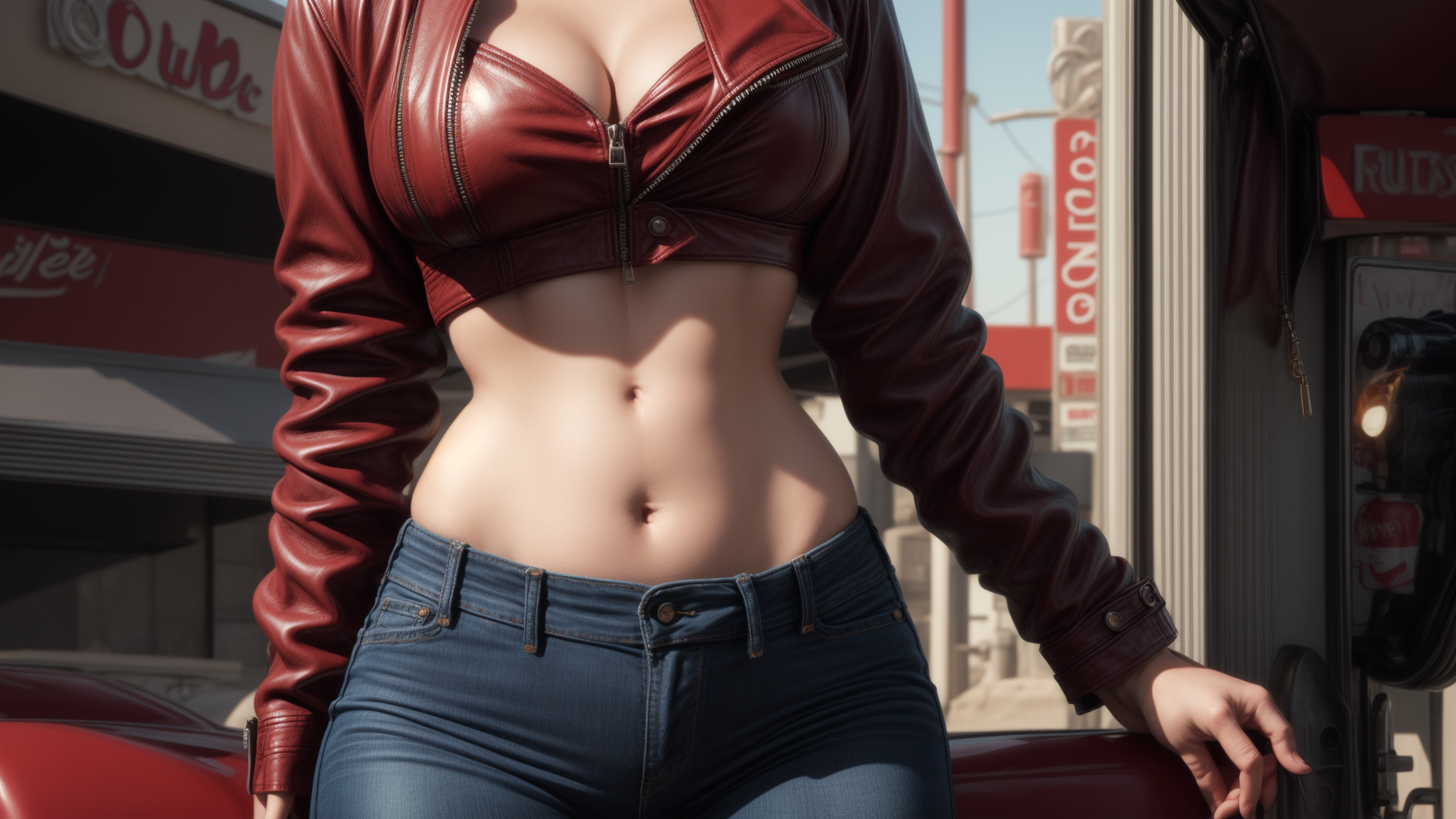 AI generated wallpaper featuring woman, leather, jeans