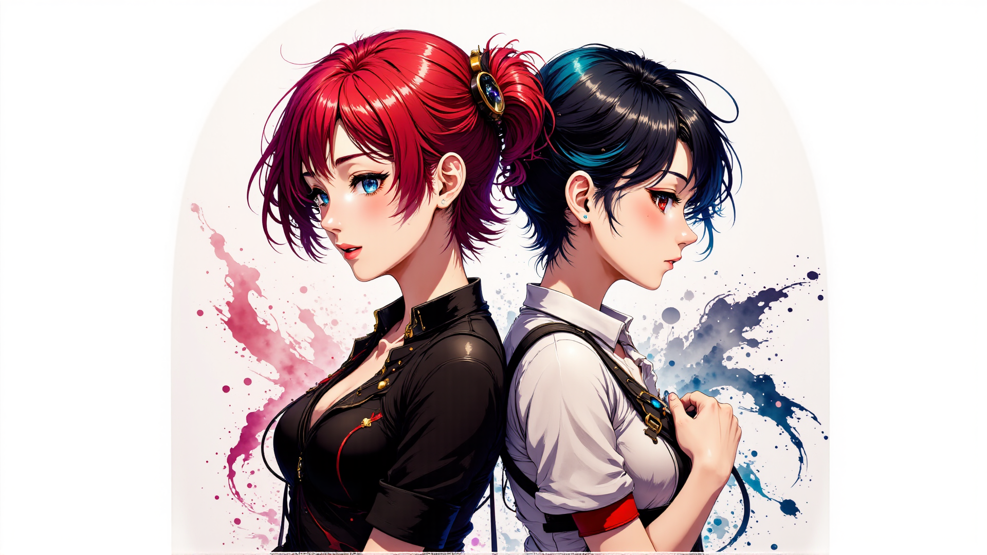 AI generated wallpaper featuring anime characters, girls, back to back, red hair, blue hair, pigtails, earrings, jackets, shirt, sleeves