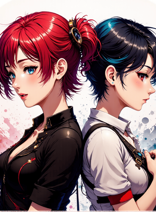 anime characters, girls, back to back, red hair, blue hair, pigtails, earrings, jackets, shirt, sleeves