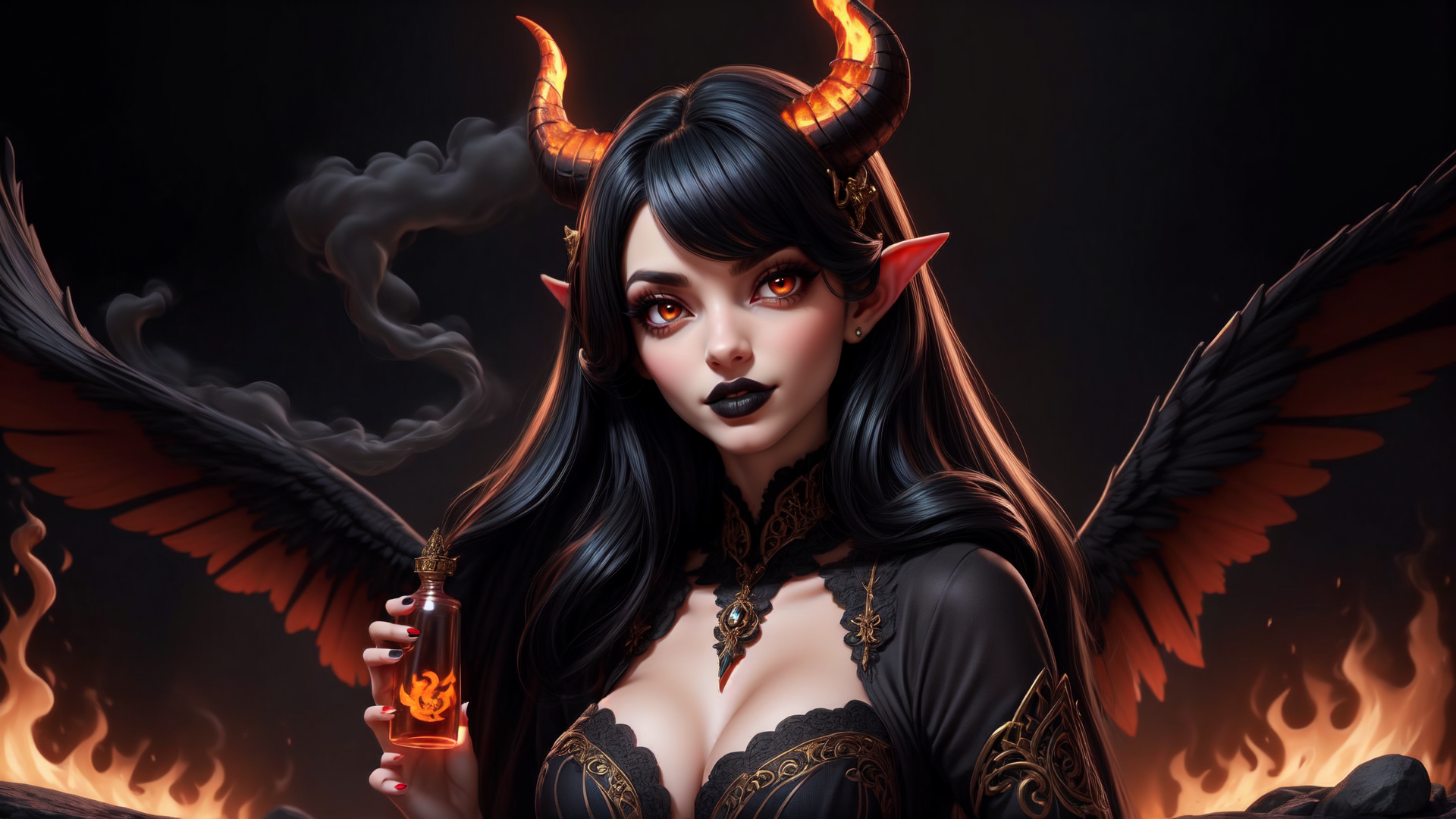 AI generated wallpaper featuring demon, woman, wings, horns, bottle, smoke, fire