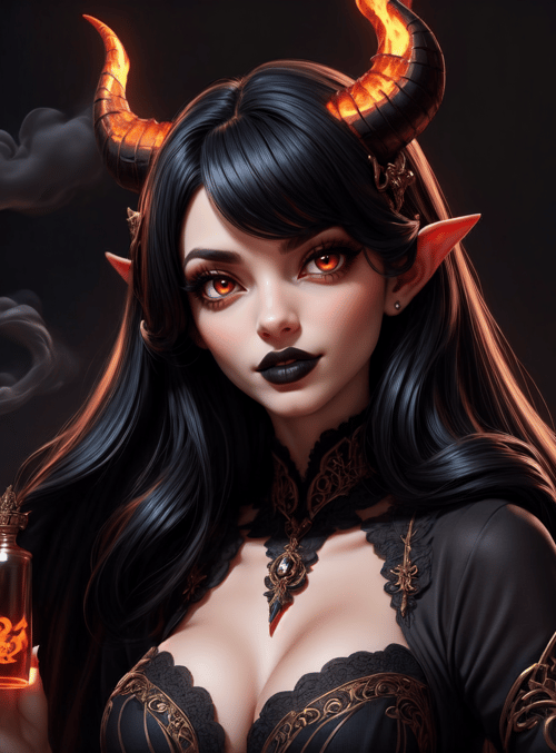 demon, woman, wings, horns, bottle, smoke, fire