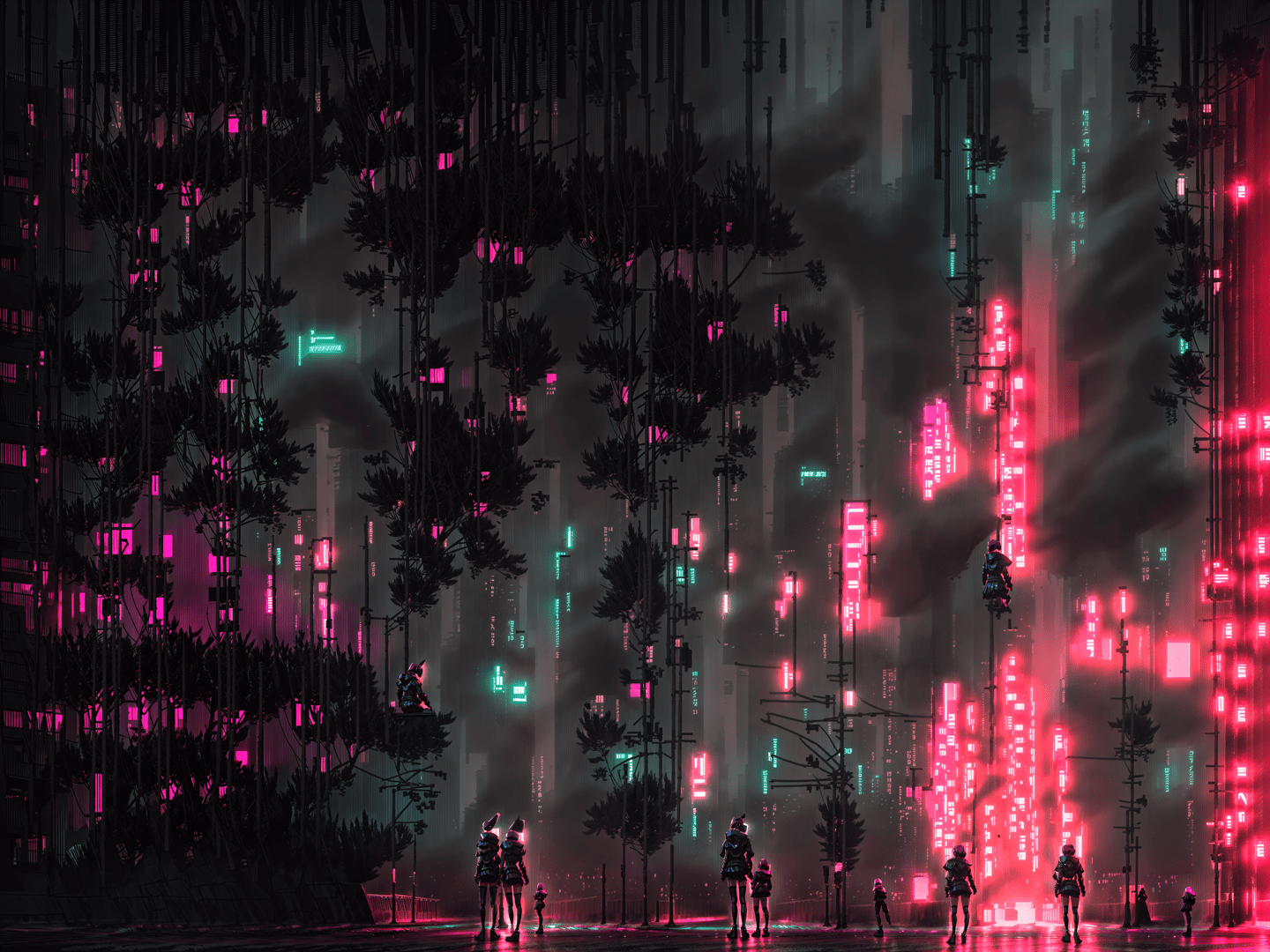 AI generated wallpaper featuring cyberpunk, cityscape, people