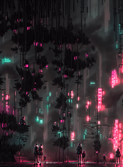 cyberpunk, cityscape, people