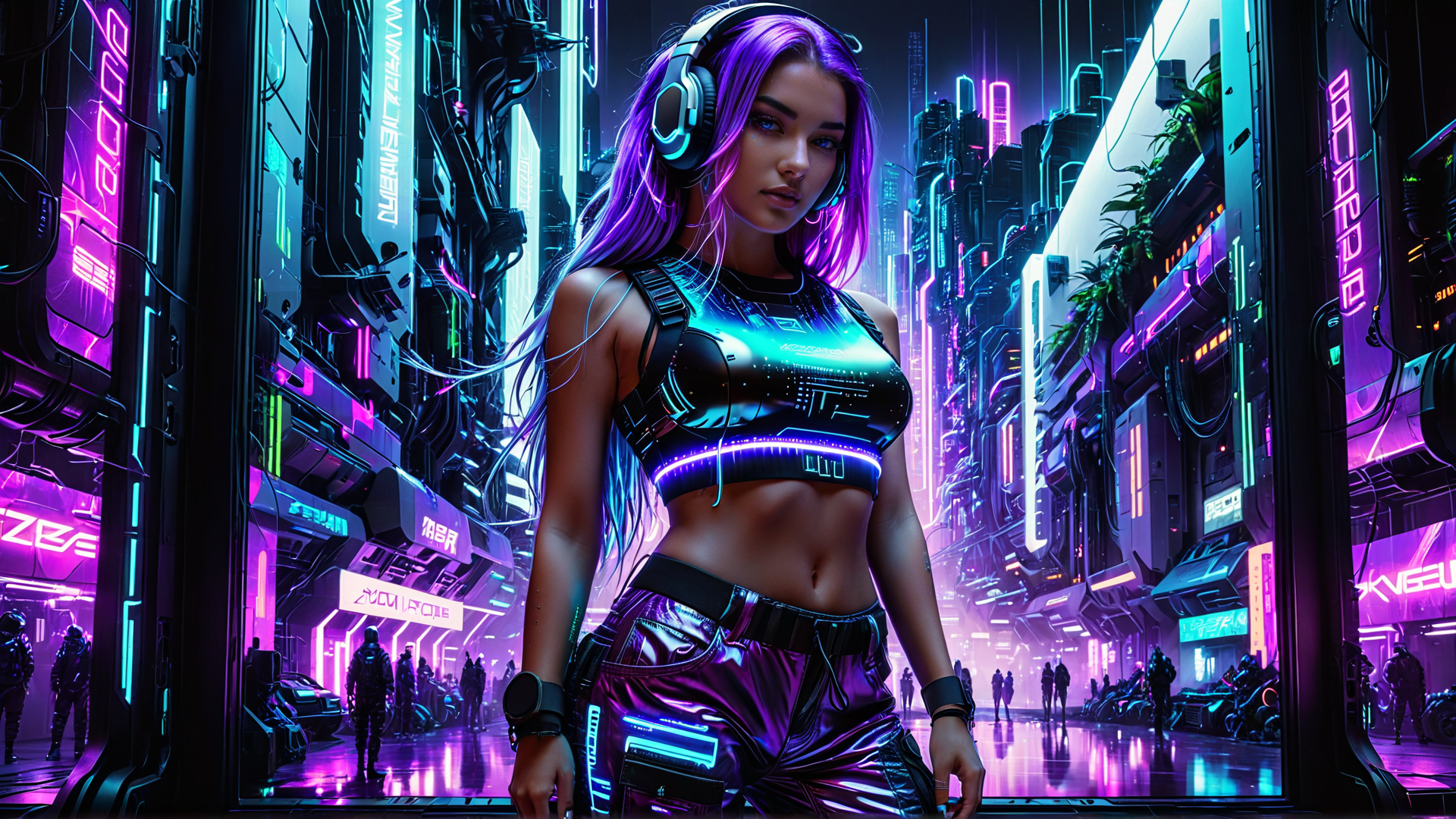 AI generated wallpaper featuring woman, cyberpunk, neon