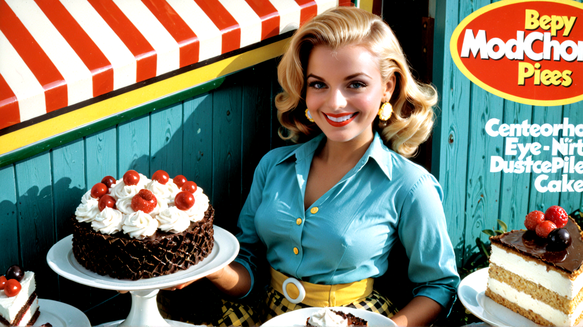 AI generated wallpaper featuring woman, cake, cherry, chocolate, pie, sign