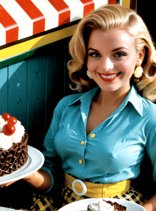 woman, cake, cherry, chocolate, pie, sign