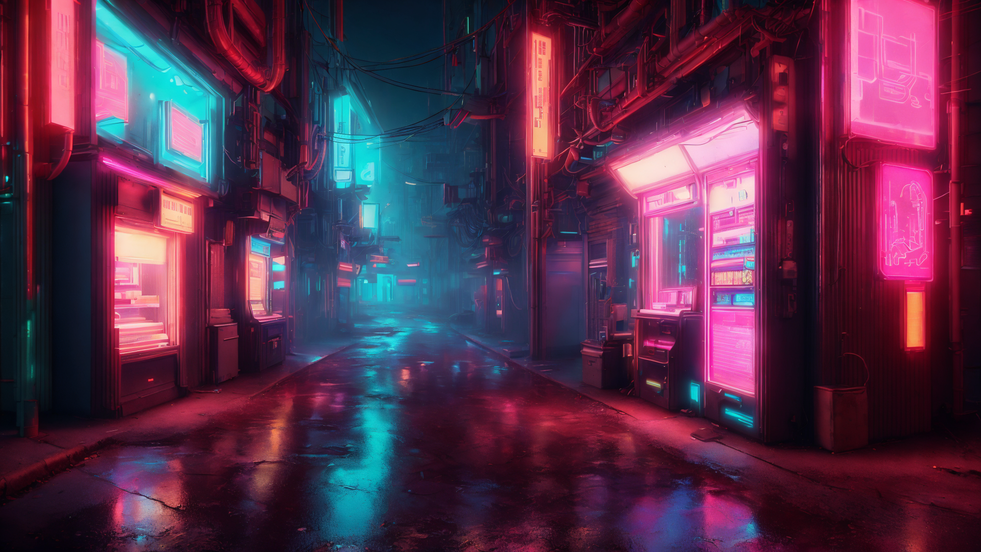 AI generated wallpaper featuring street, neon, buildings