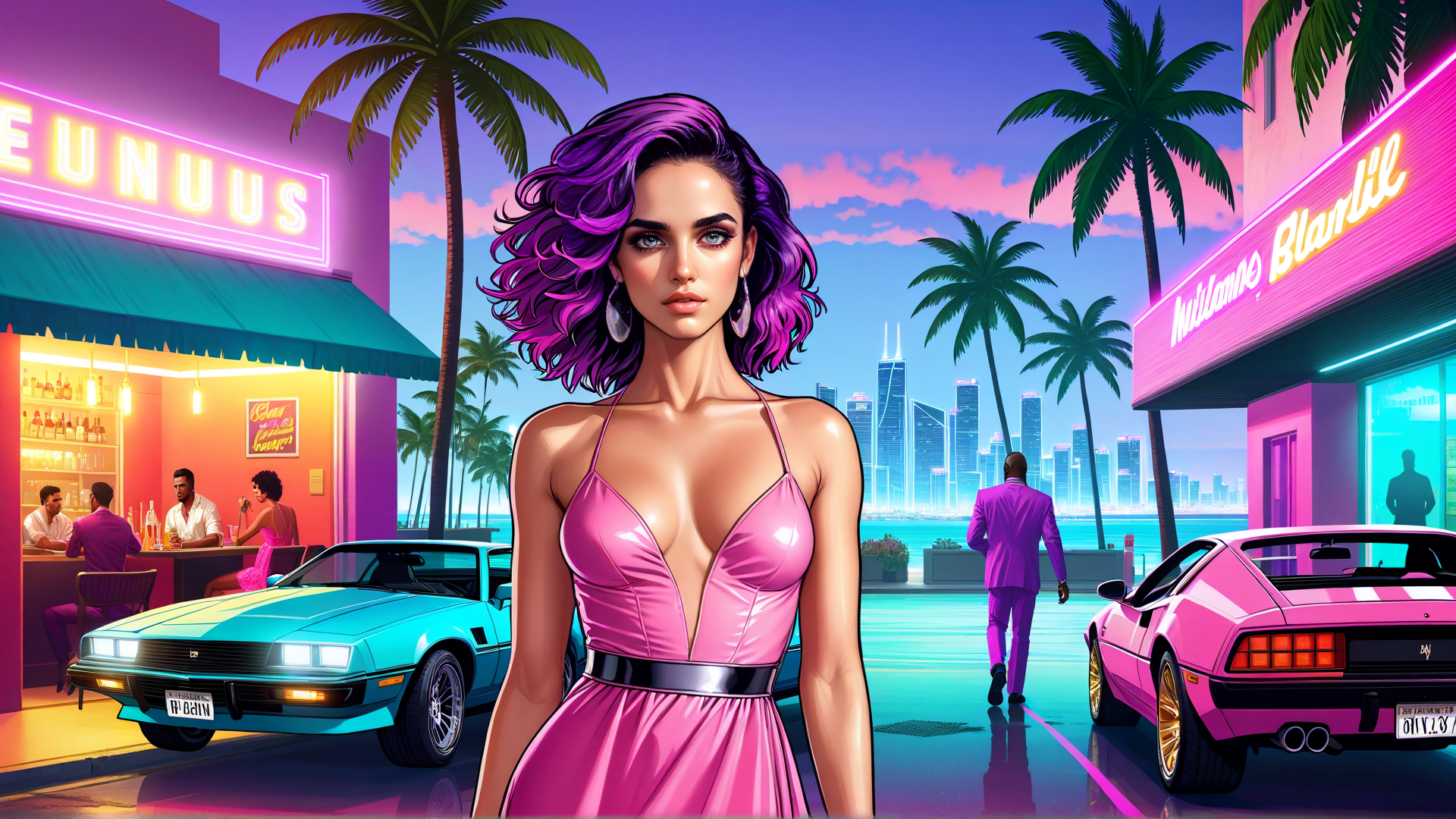 AI generated wallpaper featuring woman, car, cityscape, palm tree, neon sign