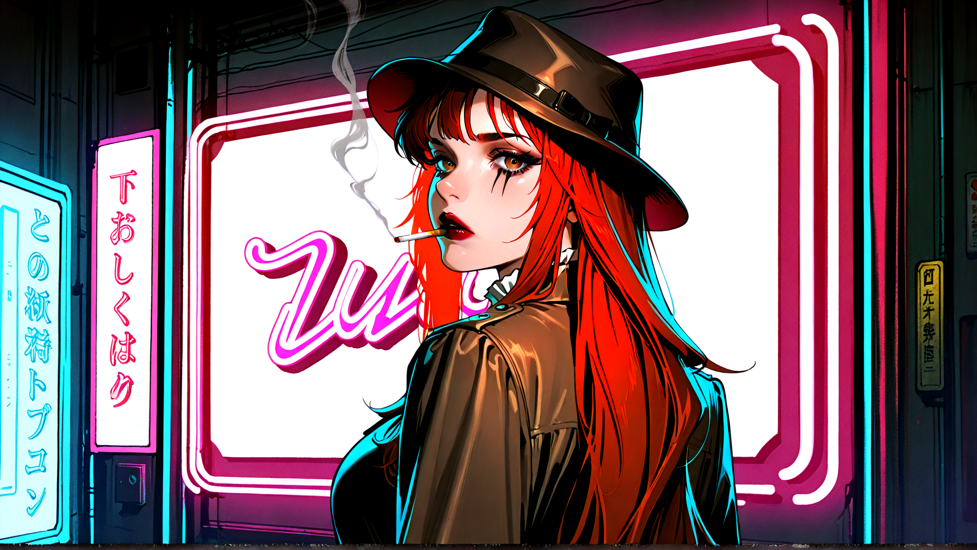 AI generated wallpaper featuring woman, neon sign, hat, cigarette, red hair