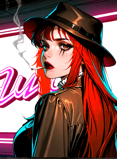 woman, neon sign, hat, cigarette, red hair