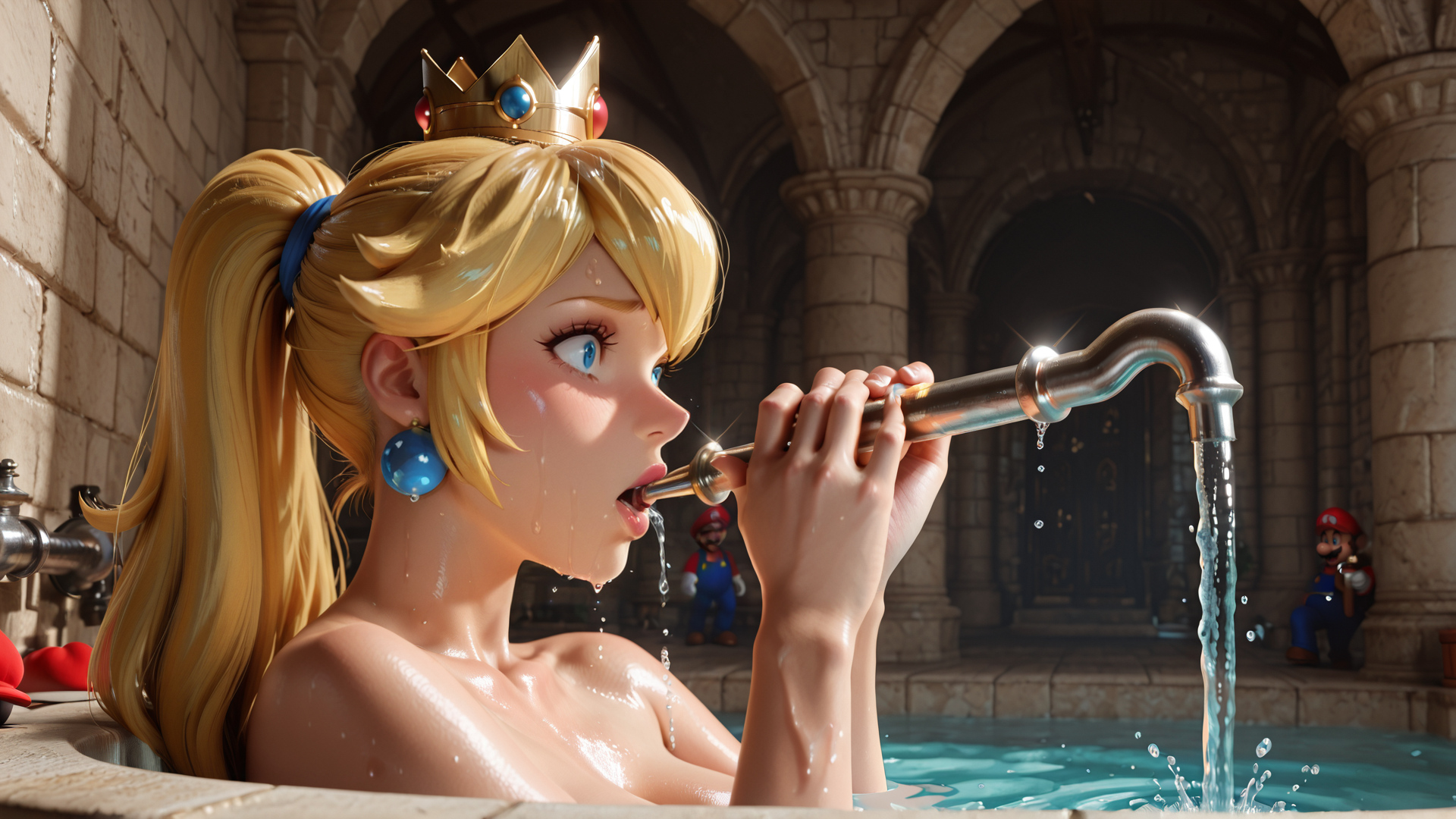 AI generated wallpaper featuring princess, mario, castle, pool, water, crown, earrings, pipe, archway, stone