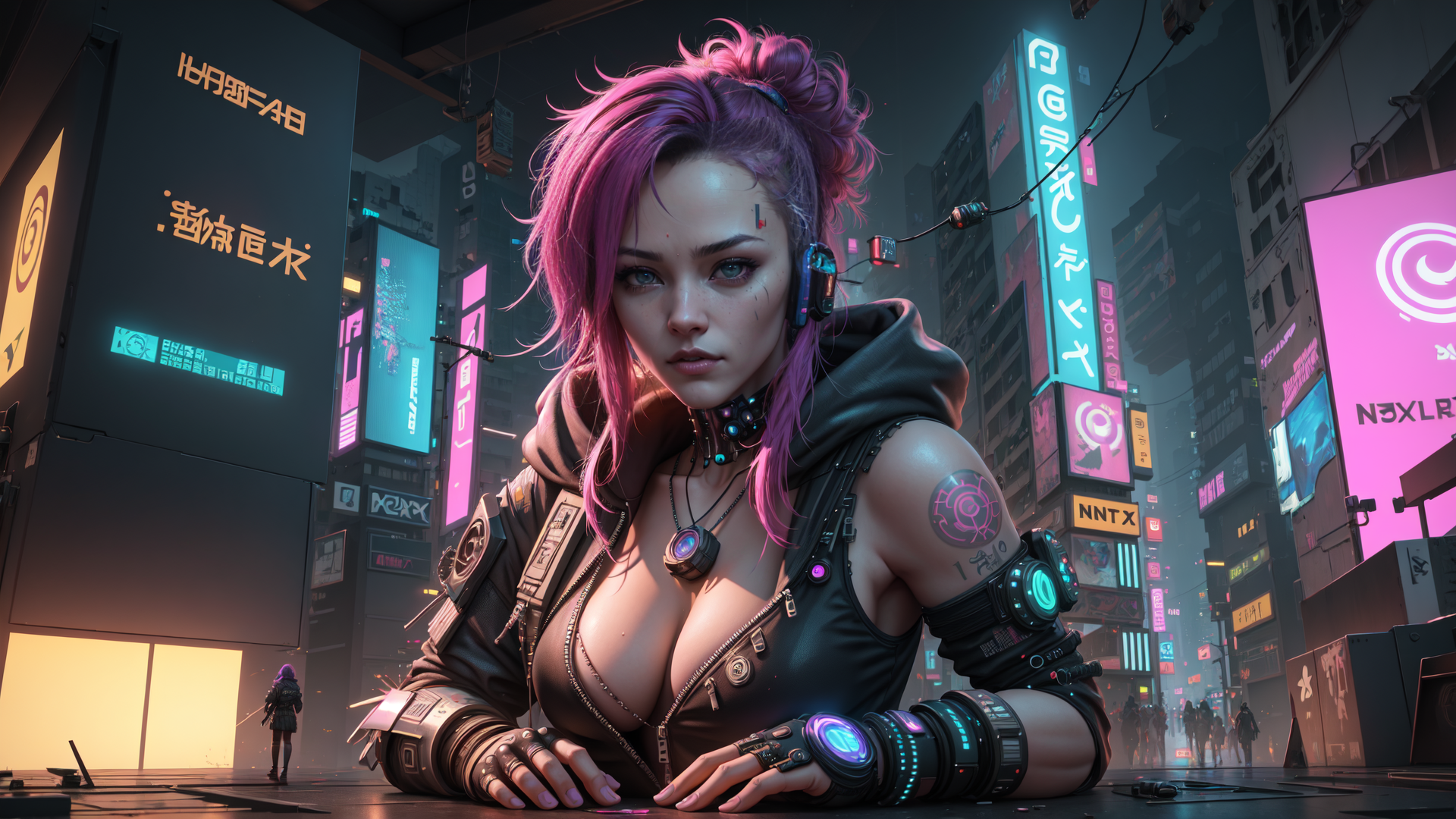AI generated wallpaper featuring cyberpunk, woman, neon