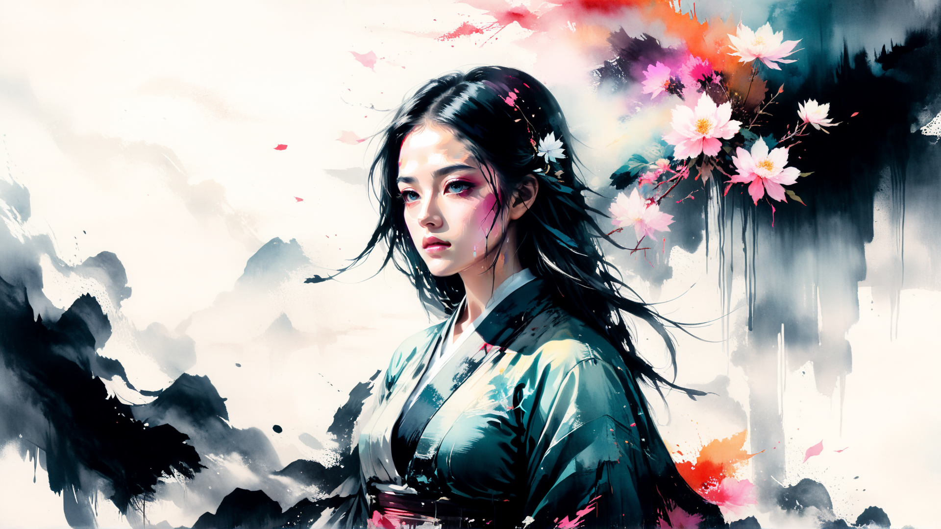 AI generated wallpaper featuring woman, flower, kimono, ink, mountain