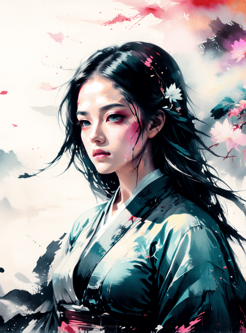 woman, flower, kimono, ink, mountain