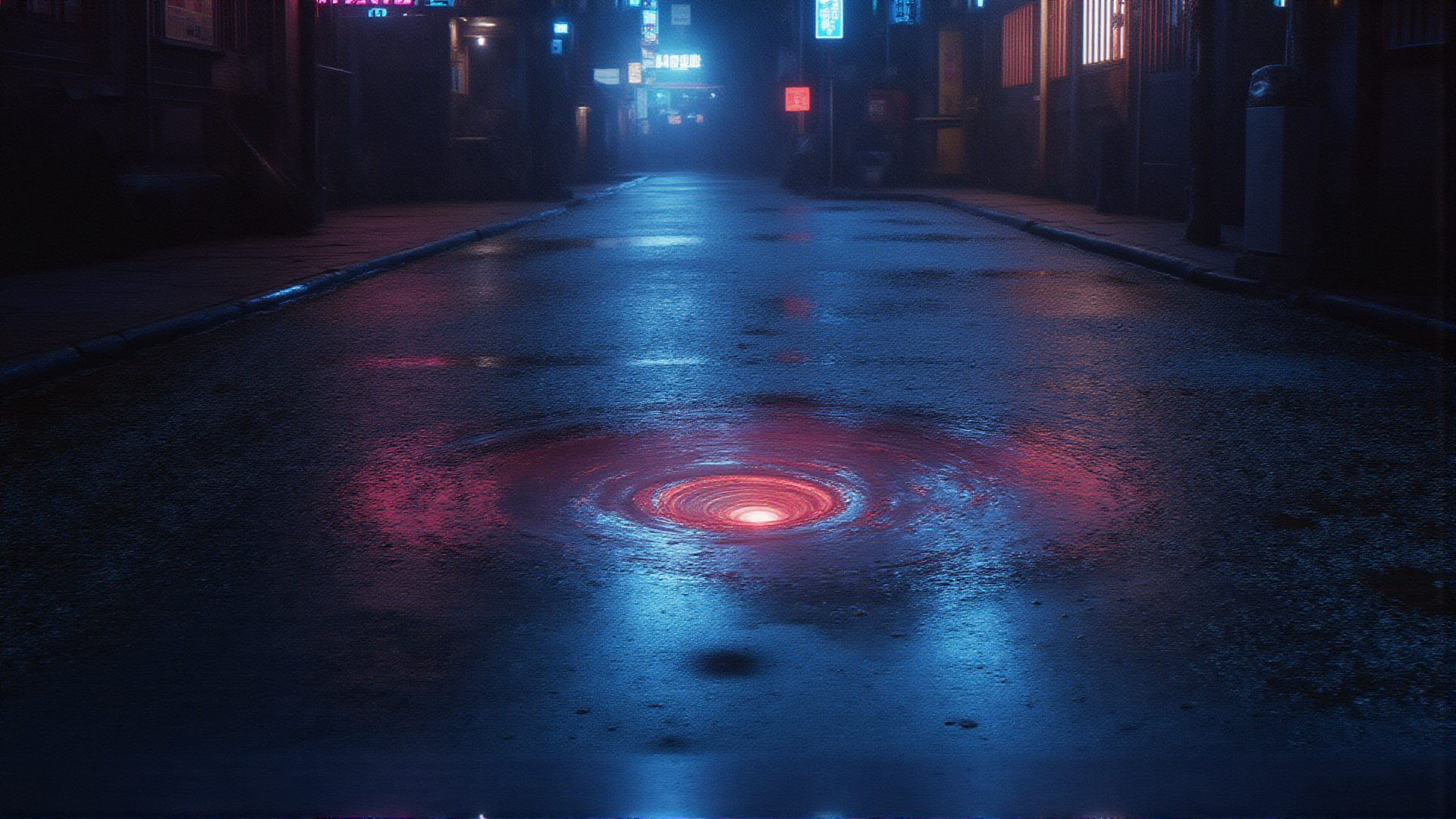 AI generated wallpaper featuring street, neon, road, city, alley, reflection, portal, light, night, sign