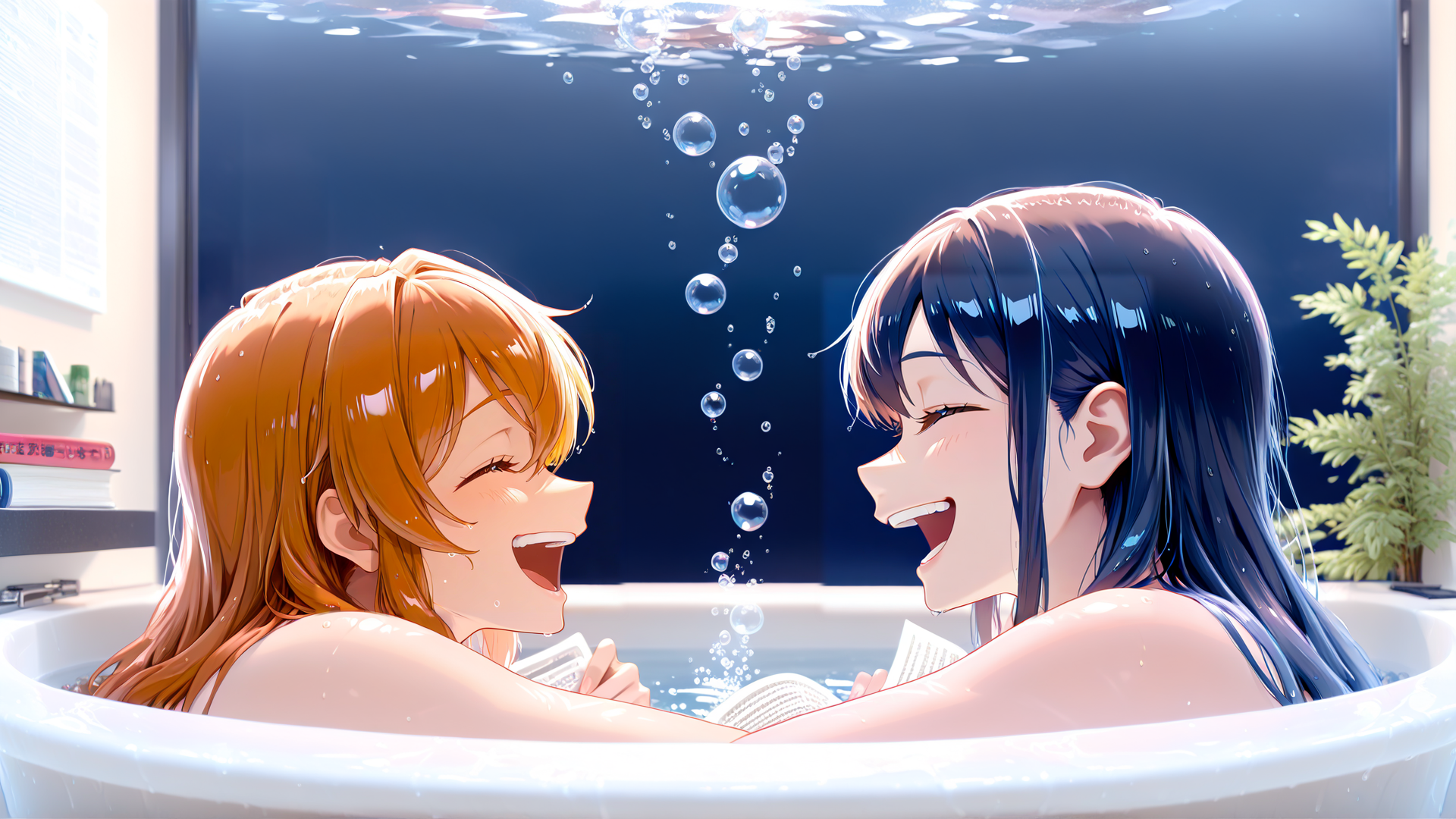 AI generated wallpaper featuring girls, bathtub, bubbles