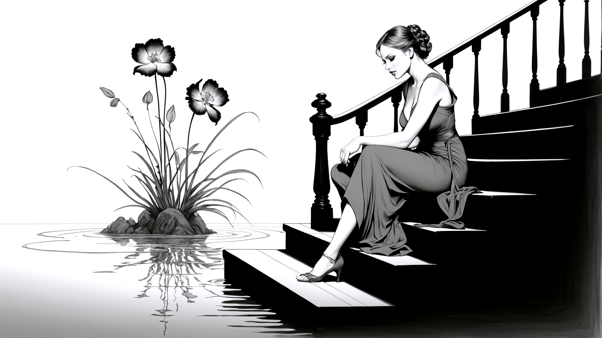 AI generated wallpaper featuring woman, stairs, flowers, water, dress, heels