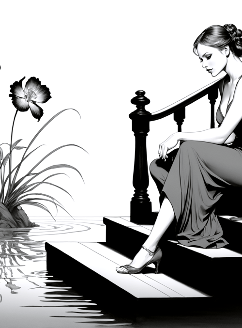 woman, stairs, flowers, water, dress, heels