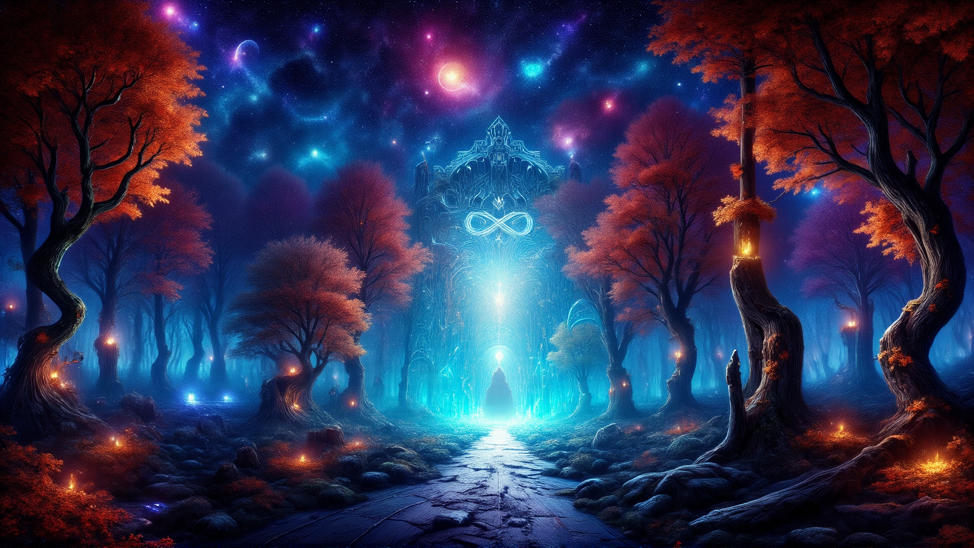 AI generated wallpaper featuring forest, castle, path