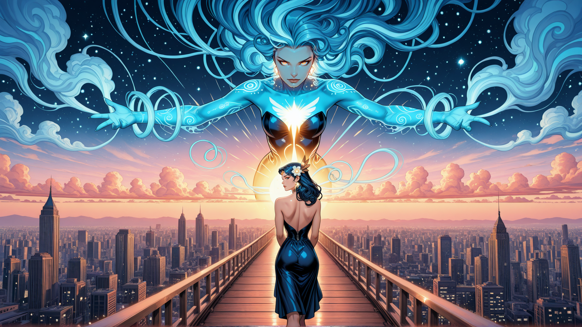 AI generated wallpaper featuring woman, giant figure, cityscape, bridge, sunrise