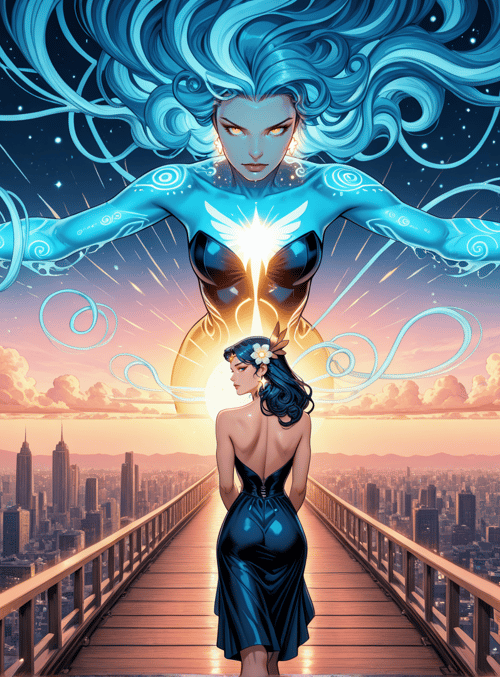 woman, giant figure, cityscape, bridge, sunrise