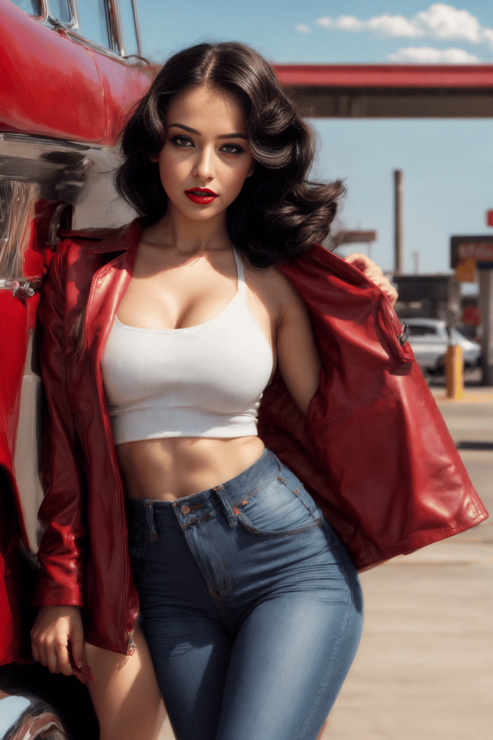 AI generated wallpaper featuring woman, car, gas station