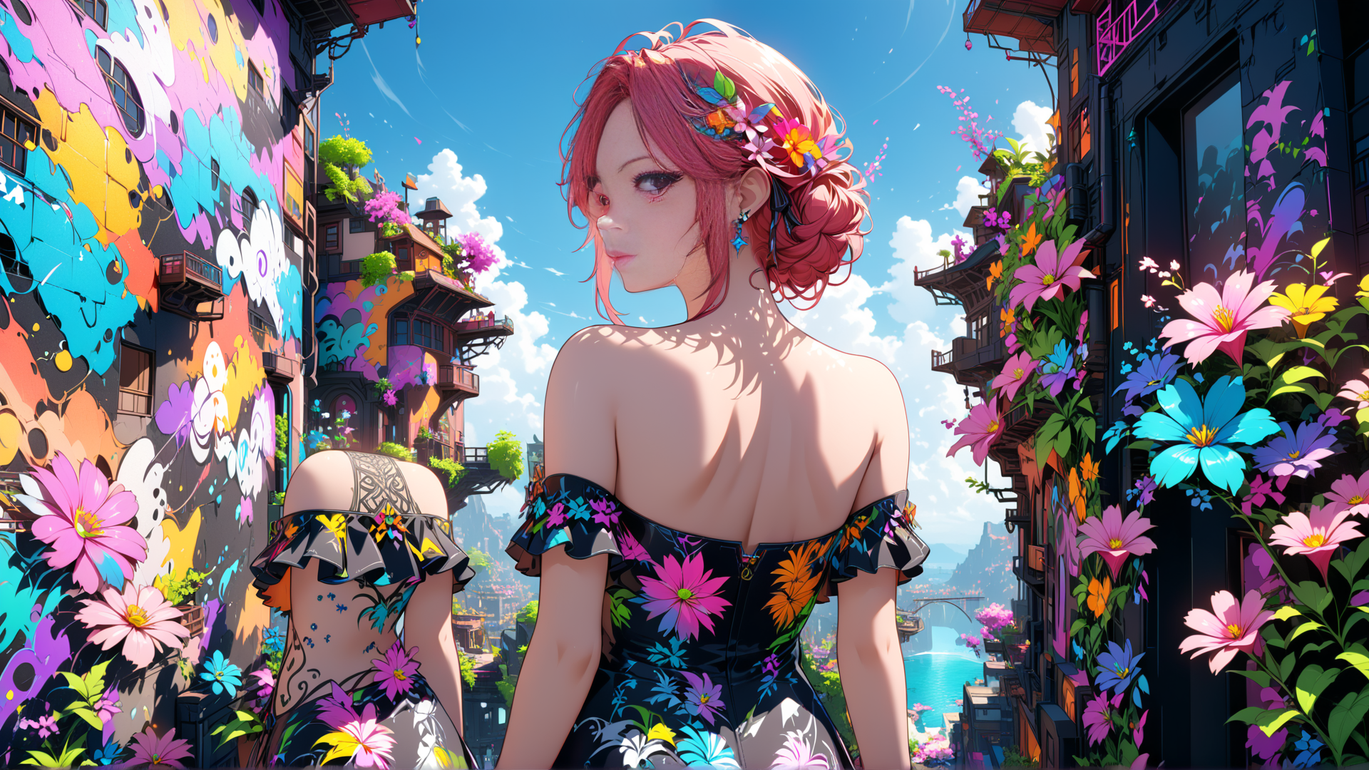 AI generated wallpaper featuring woman, flowers, buildings
