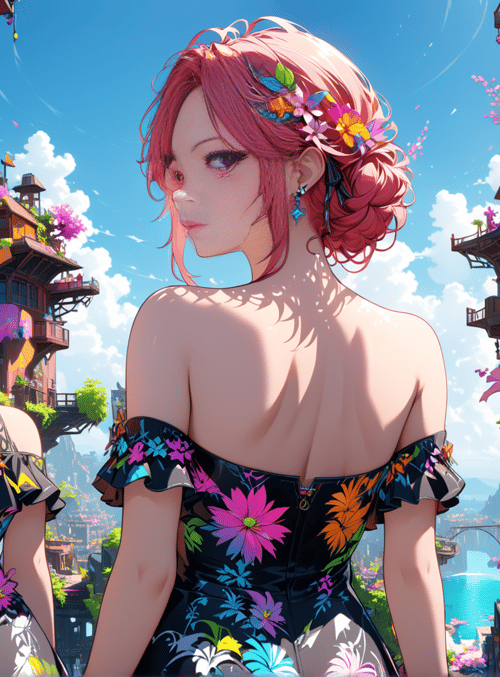 woman, flowers, buildings