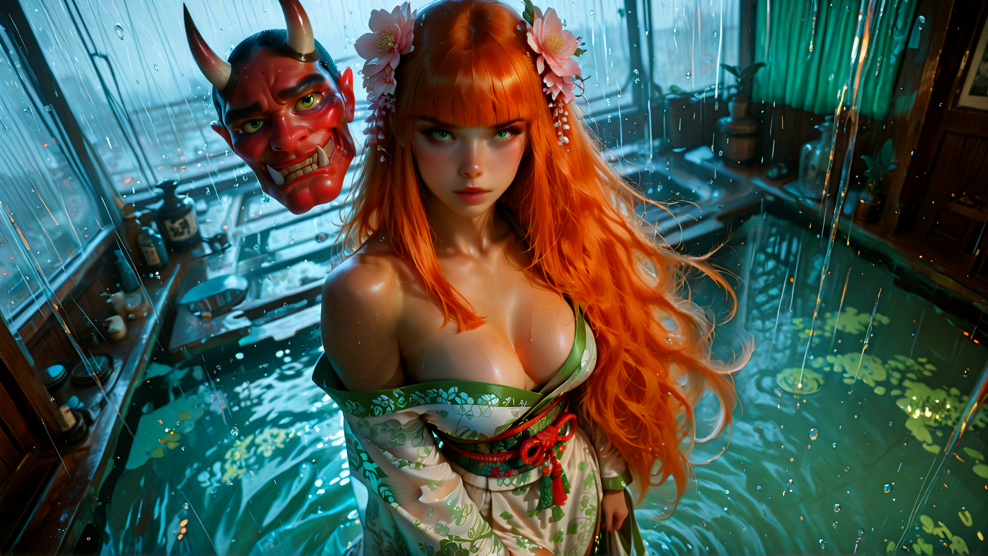 AI generated wallpaper featuring woman, devil mask, rain, water, flowers