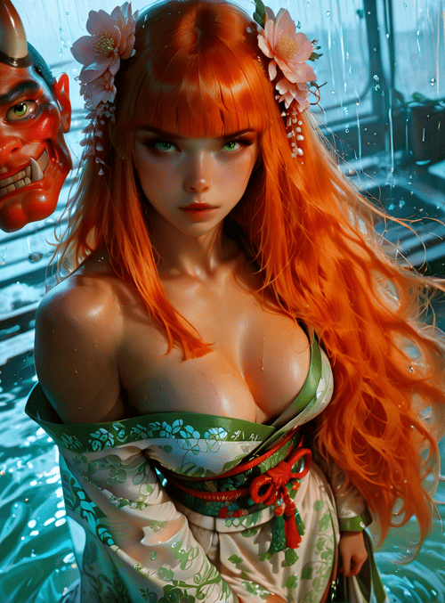 woman, devil mask, rain, water, flowers