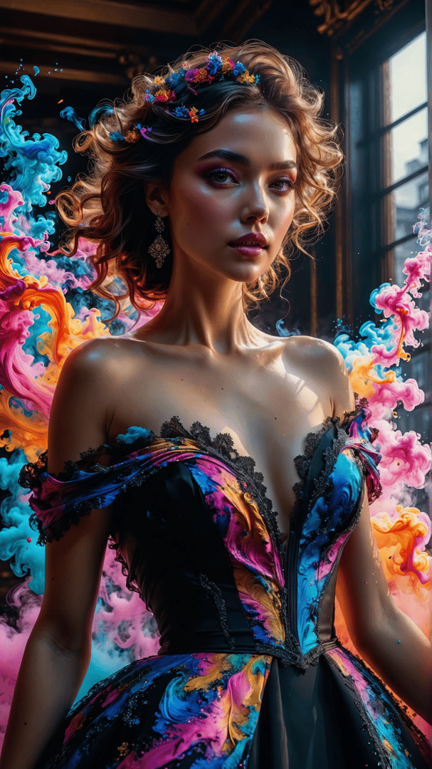 AI generated wallpaper featuring woman, dress, flowers, smoke