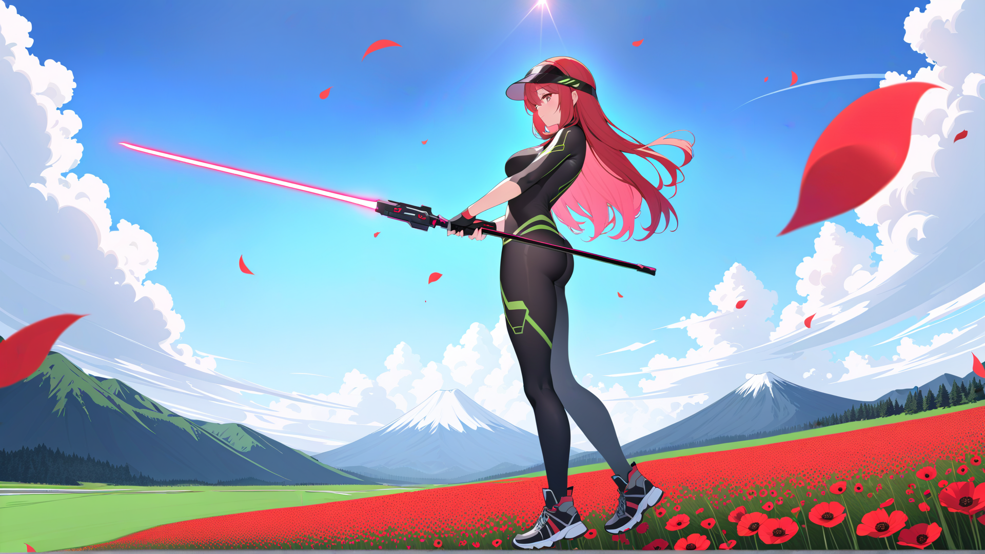 AI generated wallpaper featuring woman, gun, flower