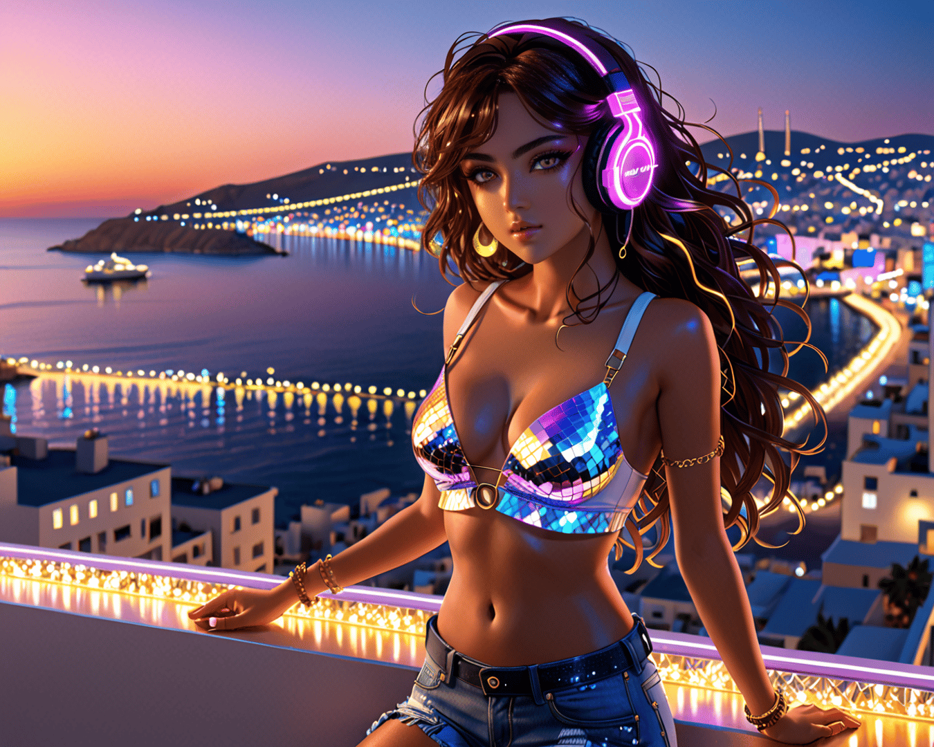 AI generated wallpaper featuring woman, headphones, cityscape