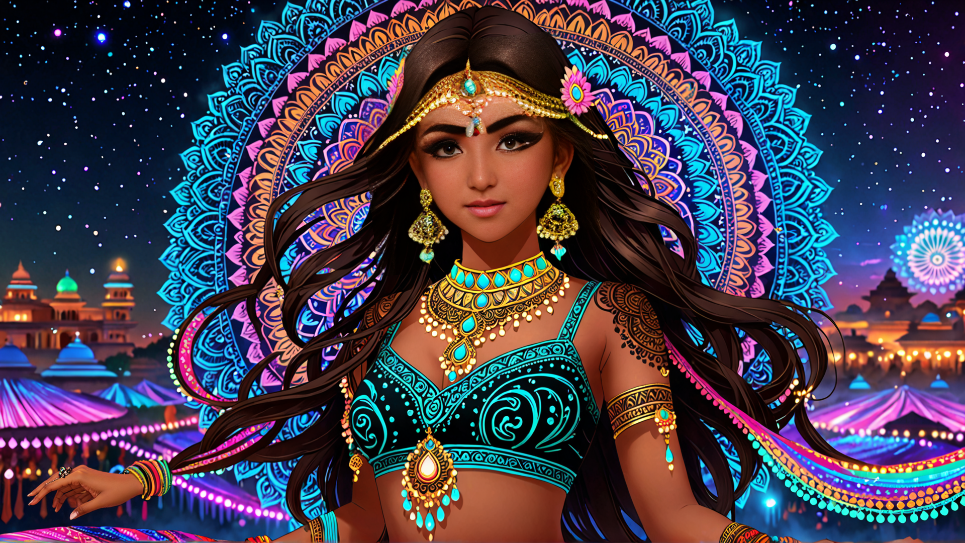 AI generated wallpaper featuring woman, mandala, jewelry
