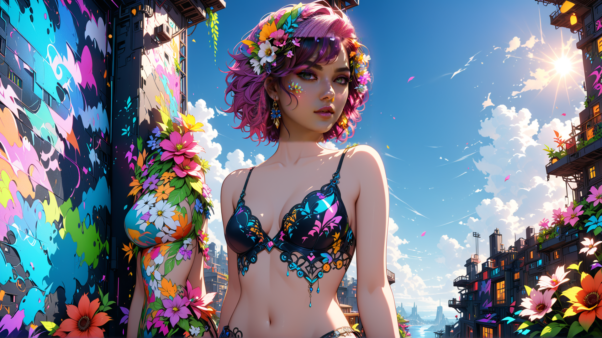 AI generated wallpaper featuring woman, flowers, city