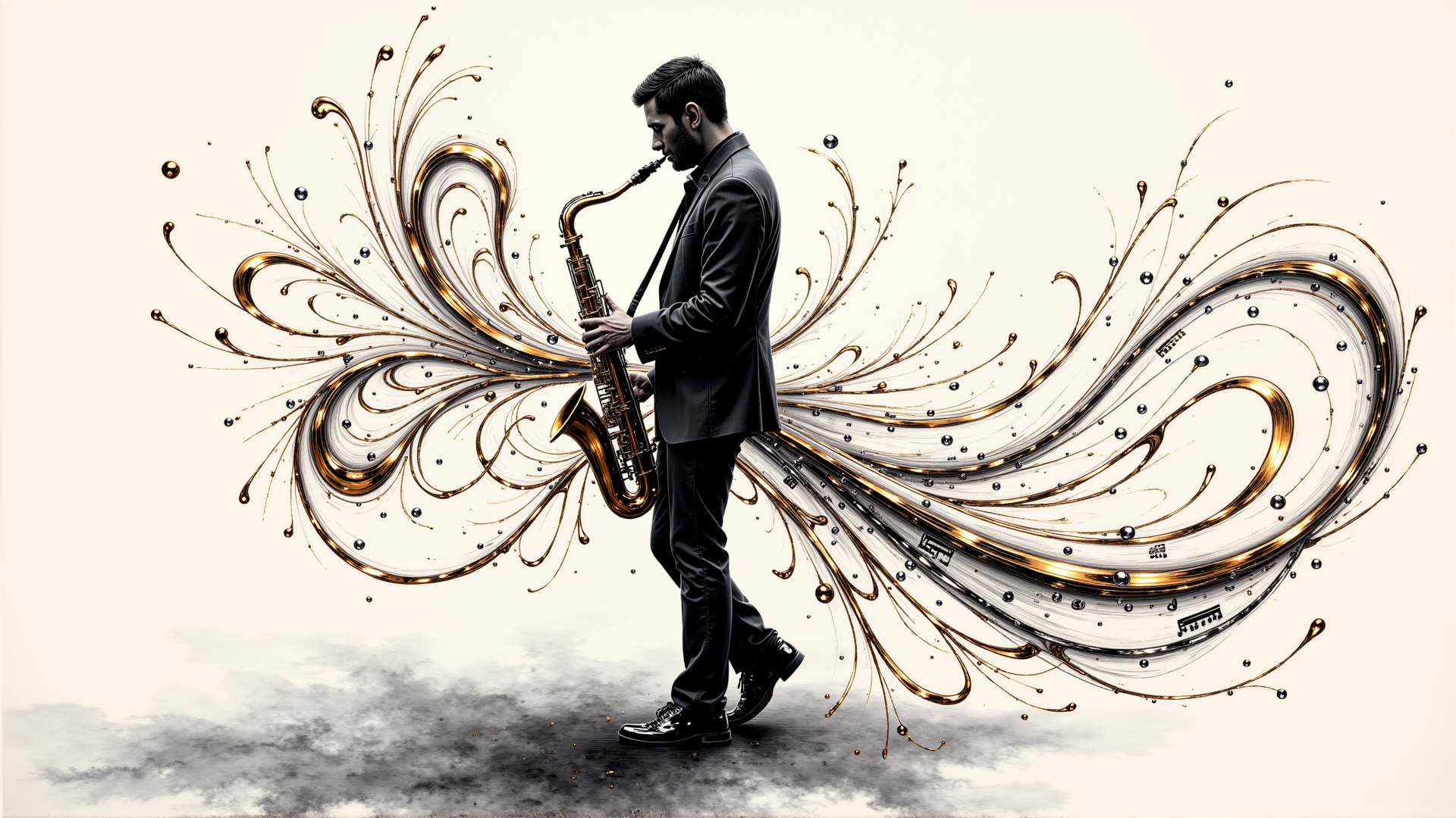 AI generated wallpaper featuring saxophonist, saxophone, abstract, swirls, musical notes, bubbles