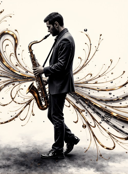 saxophonist, saxophone, abstract, swirls, musical notes, bubbles