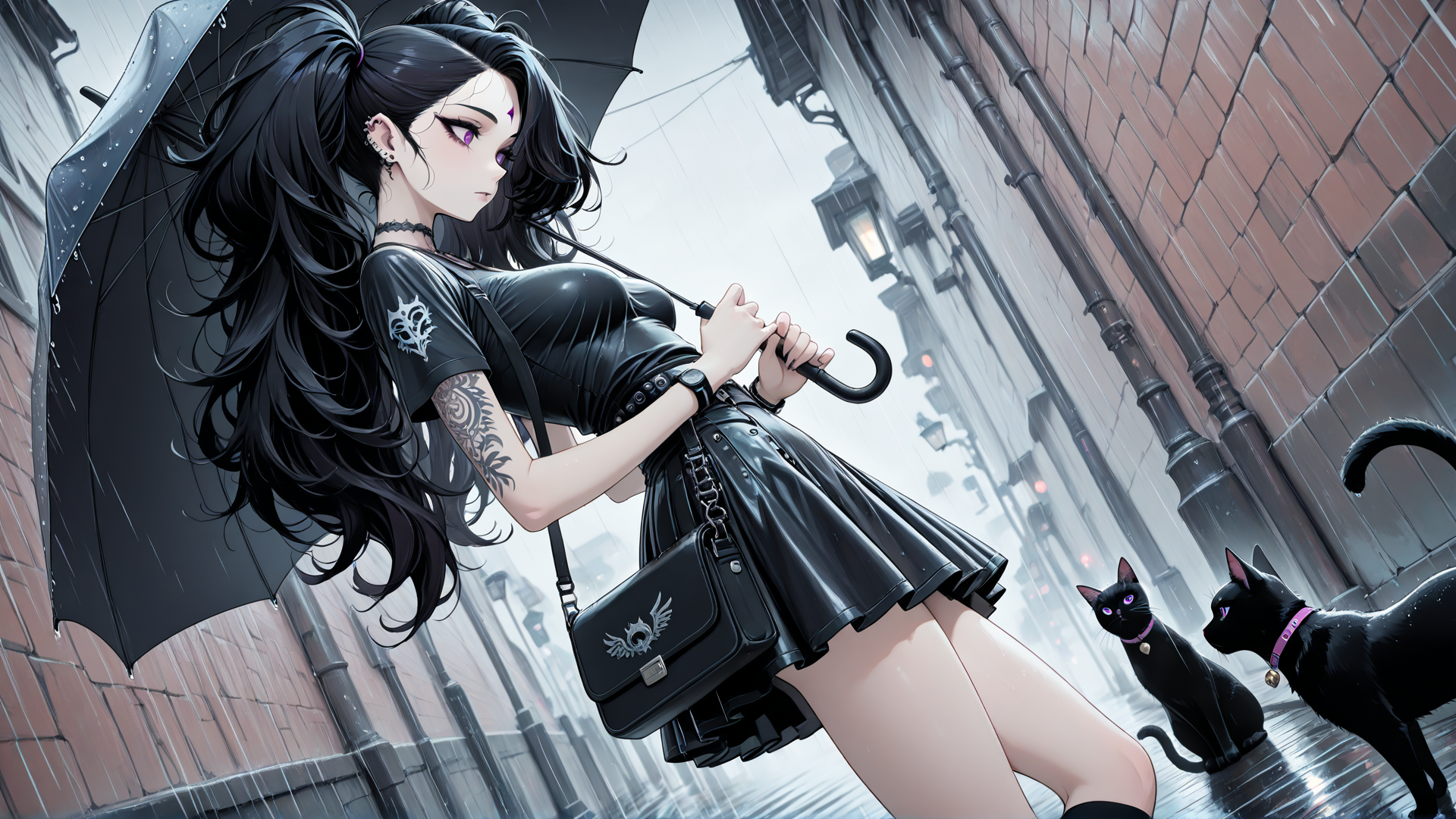 AI generated wallpaper featuring girl, umbrella, cats, street, tattoo
