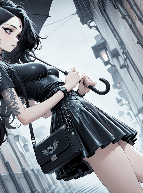 girl, umbrella, cats, street, tattoo