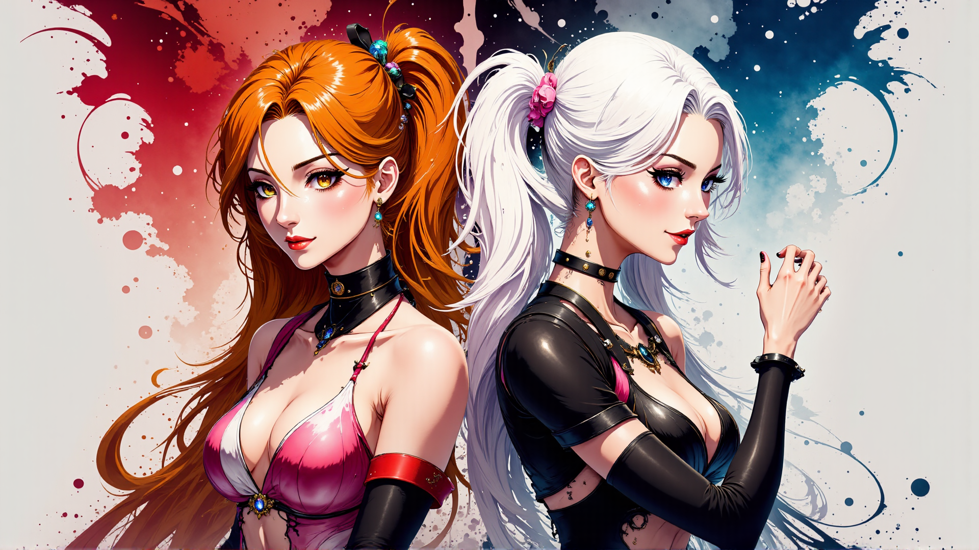 AI generated wallpaper featuring women, bikini, ponytail, choker, earring, leather, jewelry, glossy, sleeveless, back view