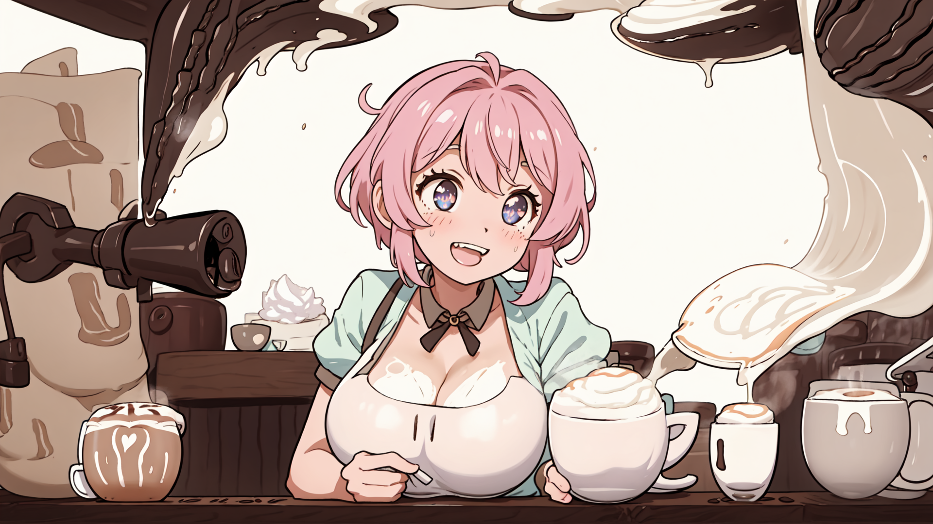 AI generated wallpaper featuring girl, barista, coffee, milk, cup, apron, whipped cream, cappuccino, latte