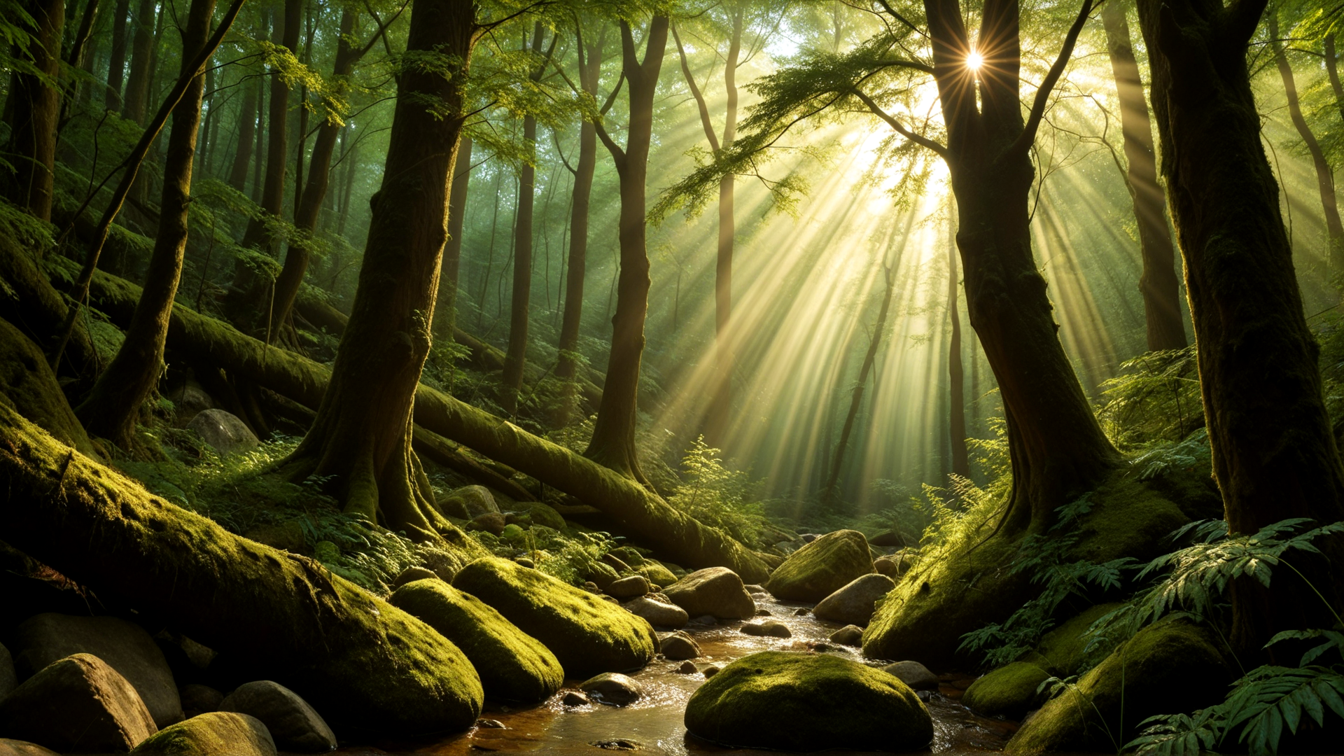 AI generated wallpaper featuring forest, trees, stream, moss, rocks, sunlight, frogs, ferns, trunks, river