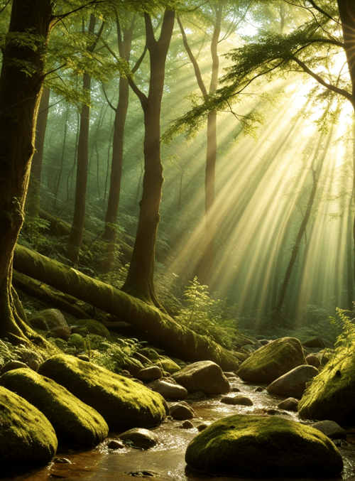 forest, trees, stream, moss, rocks, sunlight, frogs, ferns, trunks, river