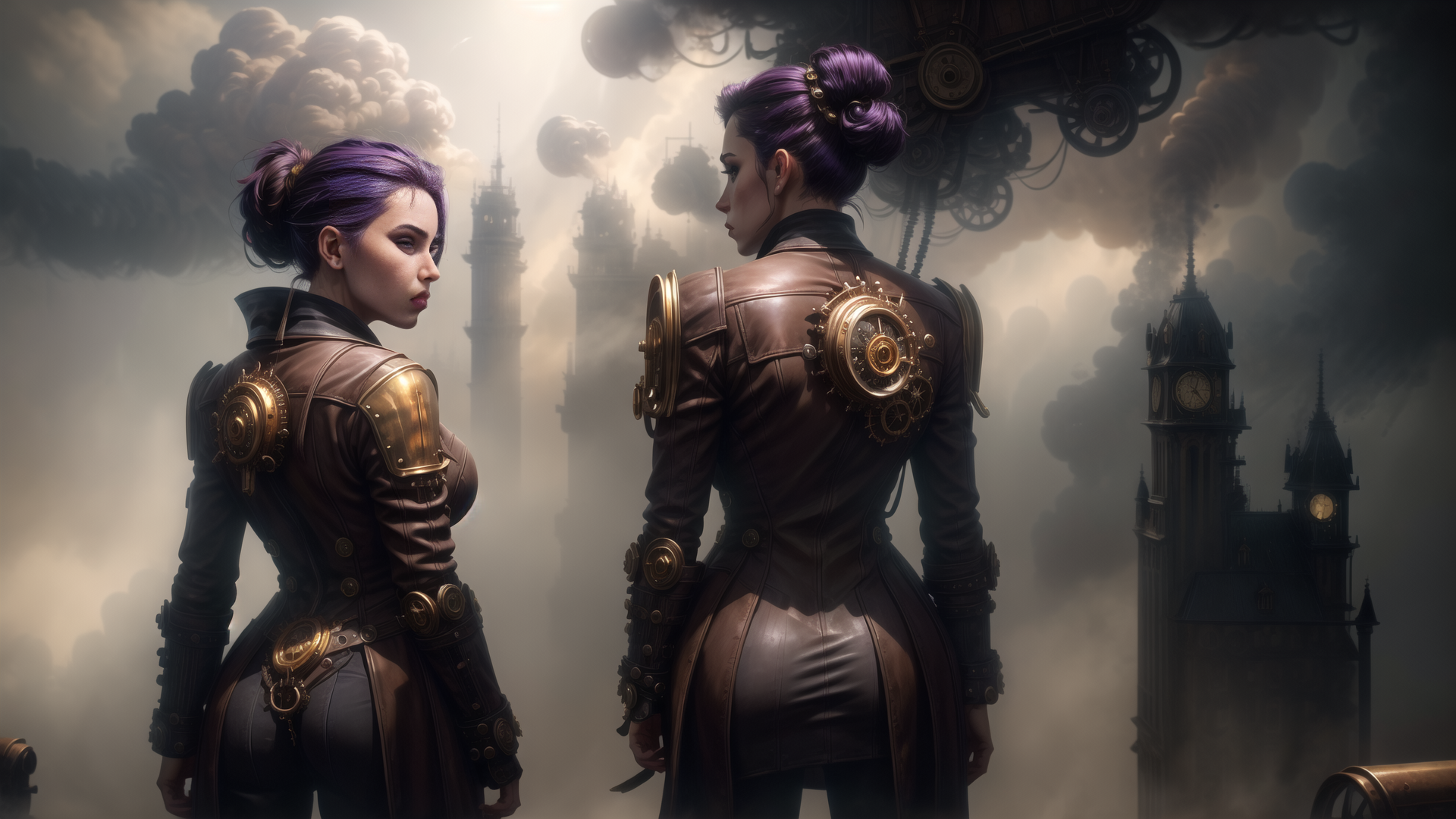 AI generated wallpaper featuring women, steampunk, clockwork
