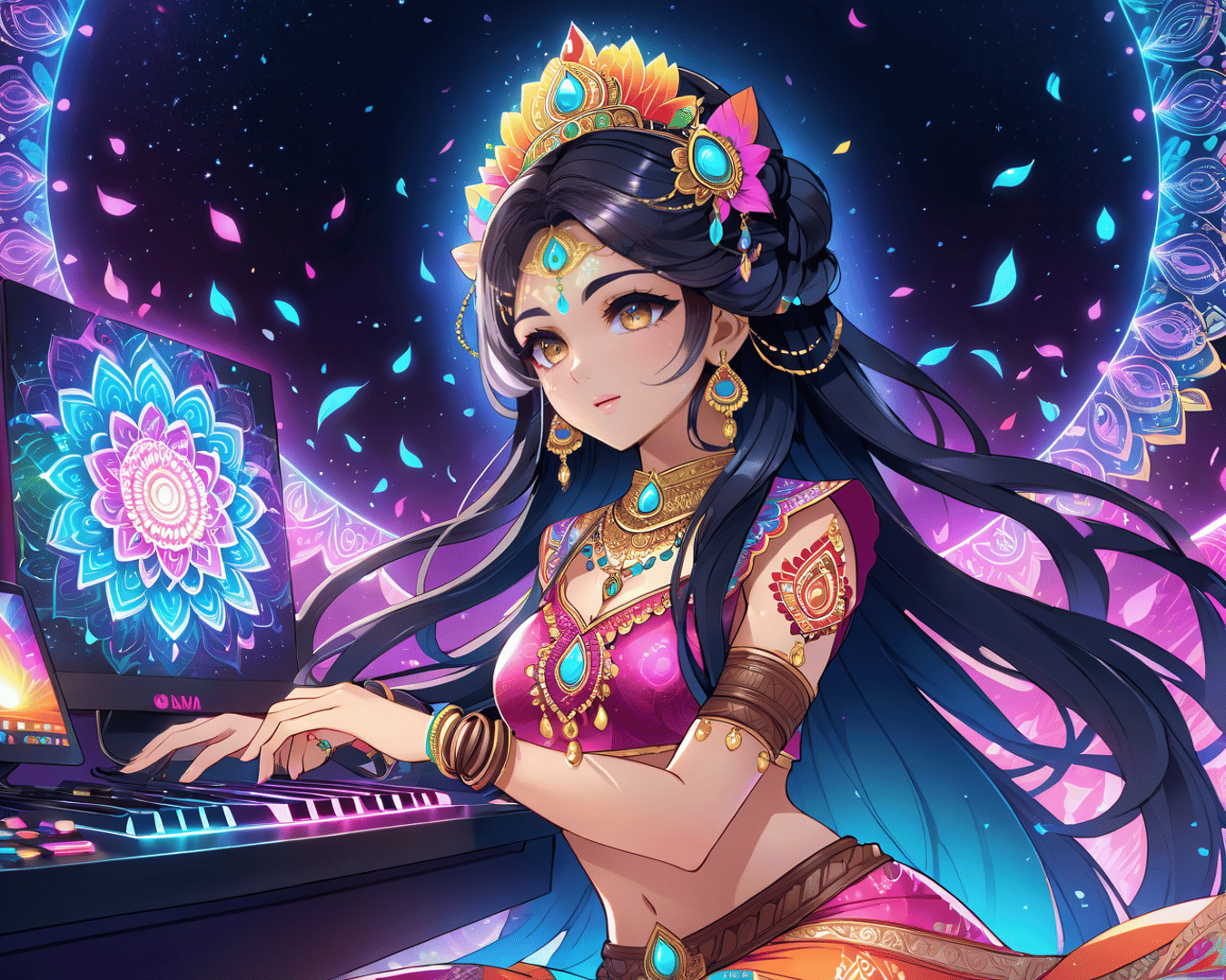 AI generated wallpaper featuring woman, computer, laptop