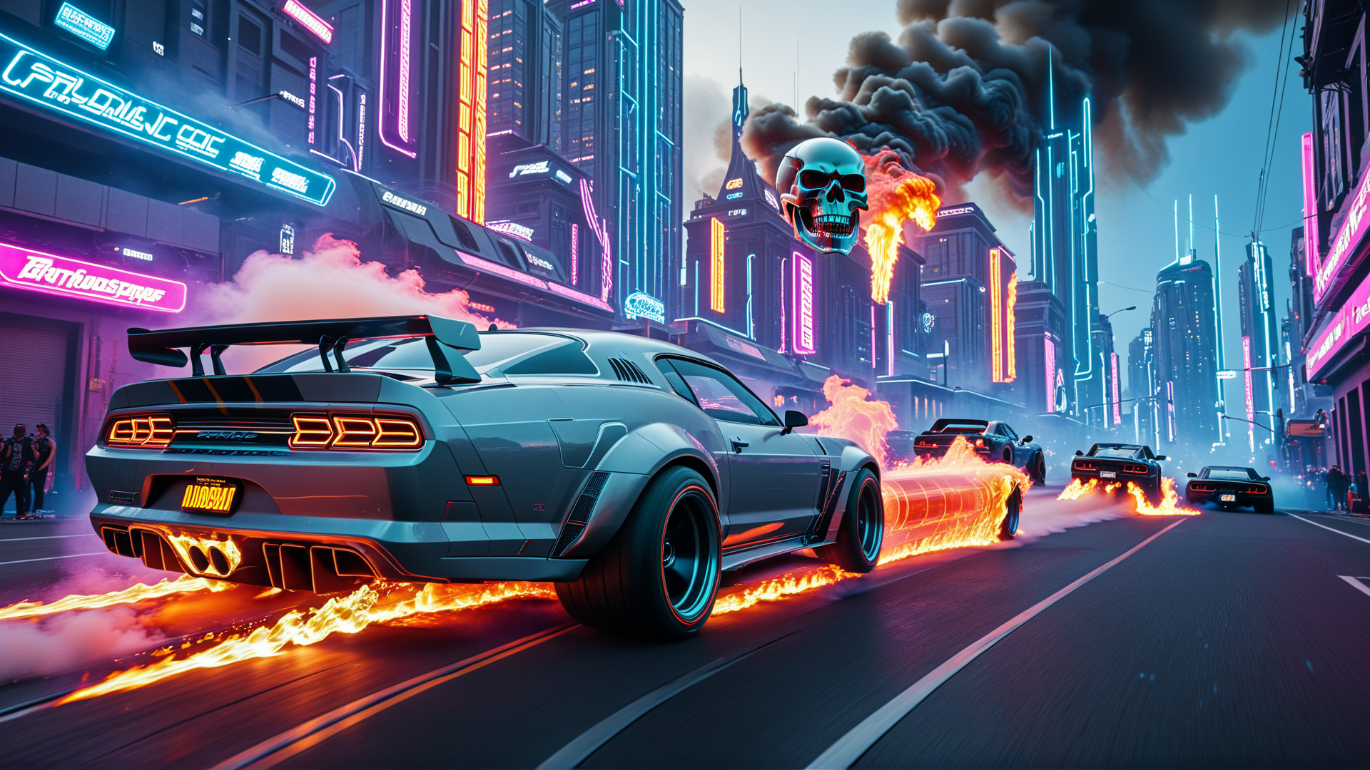 AI generated wallpaper featuring supercar, skull, cityscape