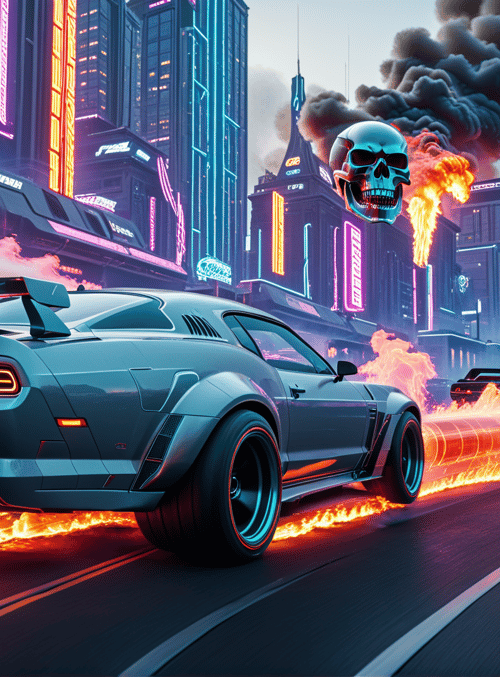 supercar, skull, cityscape